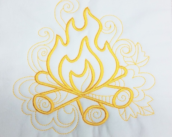 Yellow Camp Fire Camping Machine Embroidered Quilt Block Complete w/Batting Ready To Add To Your Sewing or Quilting Project!