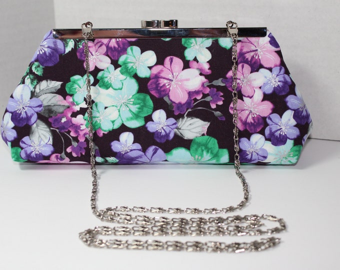 Purple Green Flowers Floral Framed Clutch Purse Hand Bag Handmade Bridal Prom Bridesmaid Gift