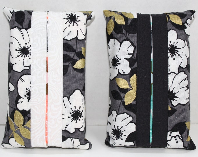 Elegant Black, Grey, Gold Floral Flowers Purse Tissue Holder, Pocket Tissue Case, Travel Case Cover Pouch, with Kleenex Pack