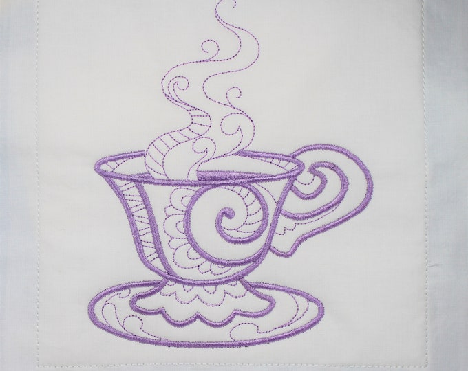 Hot Tea Cup Machine Embroidered Quilt Block Complete w/Batting Ready To Add To Your Sewing or Quilting Project!