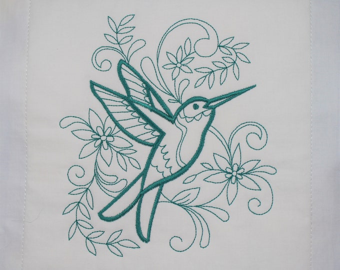 Teal Hummingbird Machine Embroidered Quilt Block Complete w/Batting Ready To Add To Your Sewing or Quilting Project!