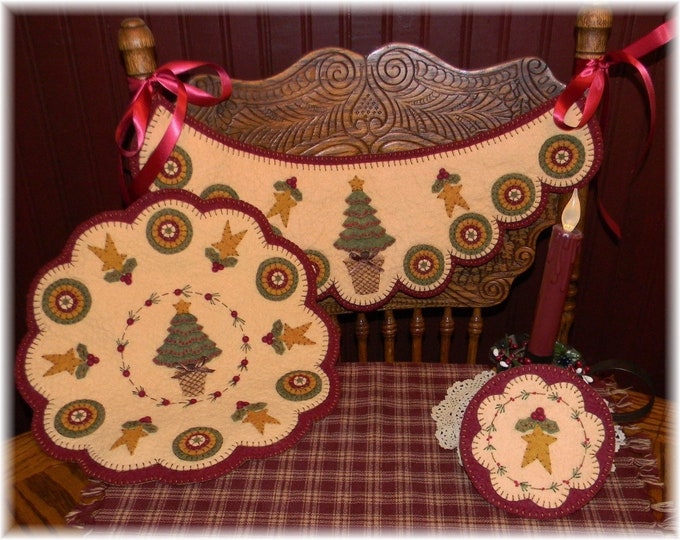 O Christmas Tree Chair Swag, Candle Mat/Table/Wall Mat & Mini Mat Wool Applique Pattern by Penny Lane Primitives