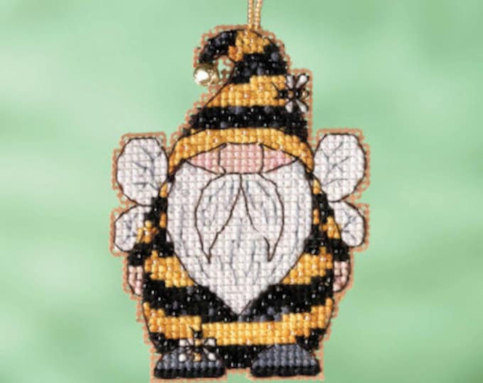 Bee Gnome Beaded Counted Cross Stitch Kit Garden Gnomes Collection by Mill Hill MH18-2211 Glass Beads with Charm