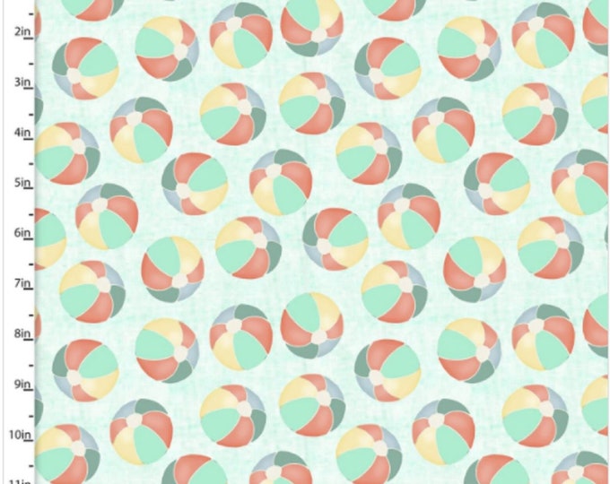 Beach Travel Beach Balls on Mint Green Quilting Fabric by Three Wishes By The Yard