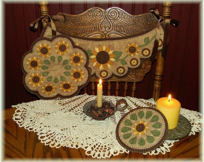 Prim Sunflowers Chair Swag, Candle Mat/Table/Wall Mat & Mini Mat Wool Applique Pattern by Penny Lane Primitives