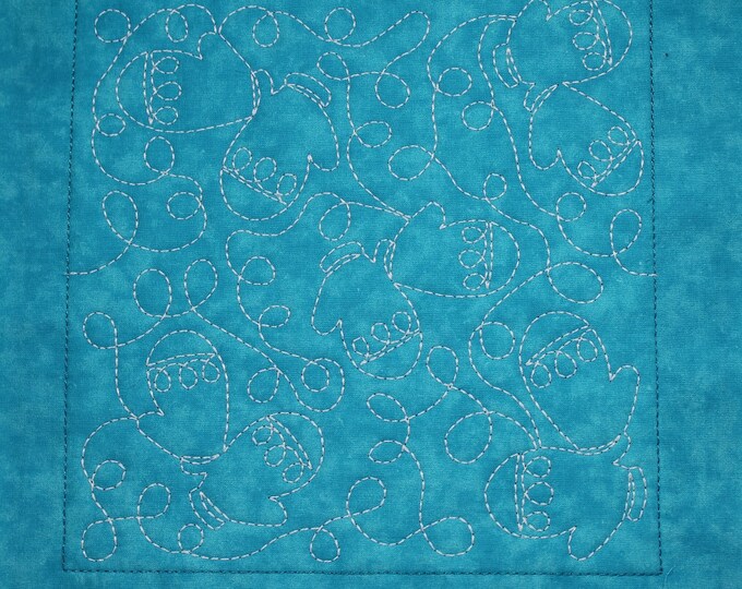 Turquoise Christmas Winter Mittens Free Motion Embroidered Quilt Block Complete w/Batting Ready To Add To Your Sewing or Quilting Project!