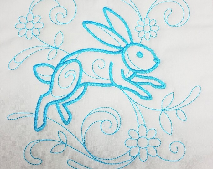 Turquoise Rabbit Machine Embroidered Quilt Block Complete w/Batting Ready To Add To Your Sewing or Quilting Project!