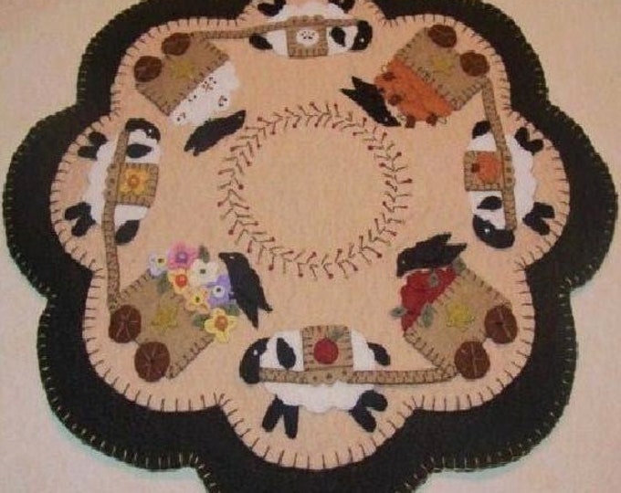 Four Seasons Sheep Wagon Candle Mat/Table/Wall Mat Wool Applique Pattern by Penny Lane Primitives 14"