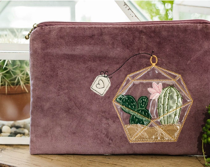 Kimberbell Limited Edition Amethyst Velveteen Zipper Pouch Blank W/FREE "Cactus Love" Machine Embroidery or Sewing Design, Fill in the Blank