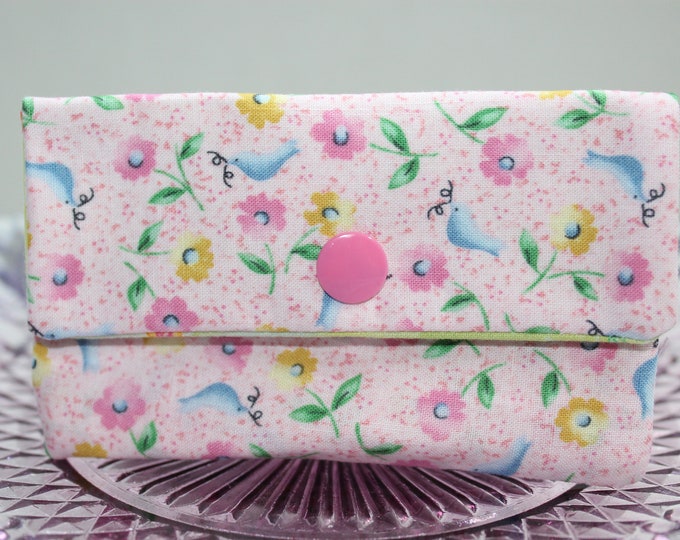 Pink Floral with Birds Fabric Gift Card Holder, Business Card Case, Credit Card Holder, with Snap Closure, Reusable