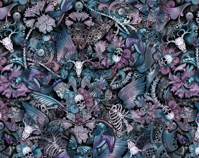 Multi Skull Floral Butterfly Tattoo Print Cotton Fabric by the Yard by Timeless Treasures