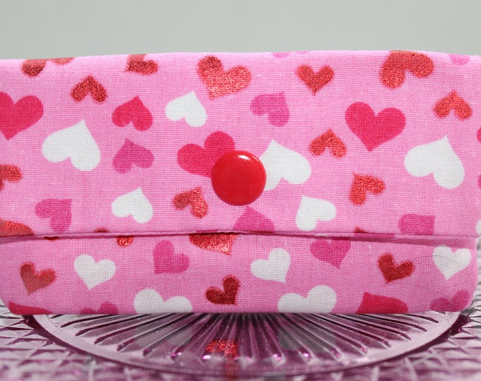 Pink Hearts Fabric Gift Card Holder, Business Card Case, Credit Card Holder, with Snap Closure, Reusable, Valentine, Red Metallic Hearts