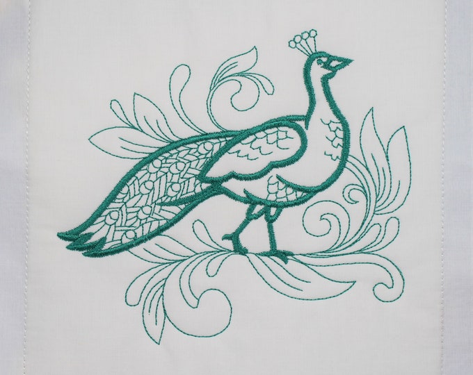 Teal Peacock Machine Embroidered Quilt Block Complete w/Batting Ready To Add To Your Sewing or Quilting Project!