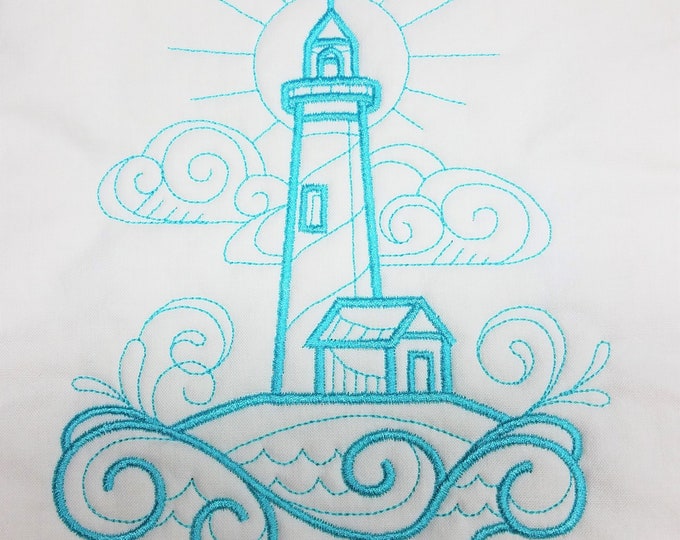 Turquoise Lighthouse Machine Embroidered Quilt Block Complete w/Batting Ready To Add To Your Sewing or Quilting Project!