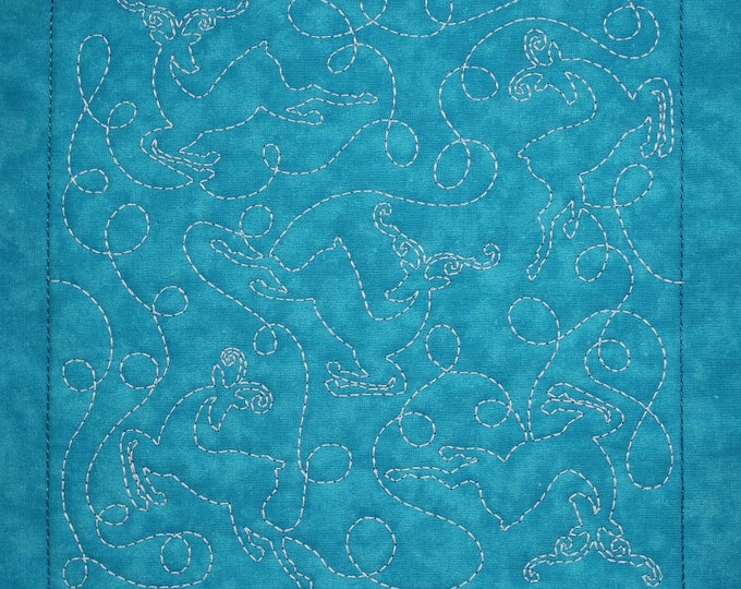 Turquoise Christmas Winter Reindeer Free Motion Embroidered Quilt Block Complete w/Batting Ready To Add To Your Sewing or Quilting Project!