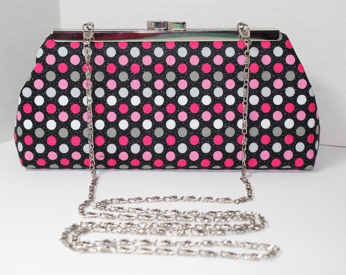 Pink White Black Polka Dot Glitter Framed Clutch Purse Hand Bag Handmade Bridal Prom Bridesmaid Gift