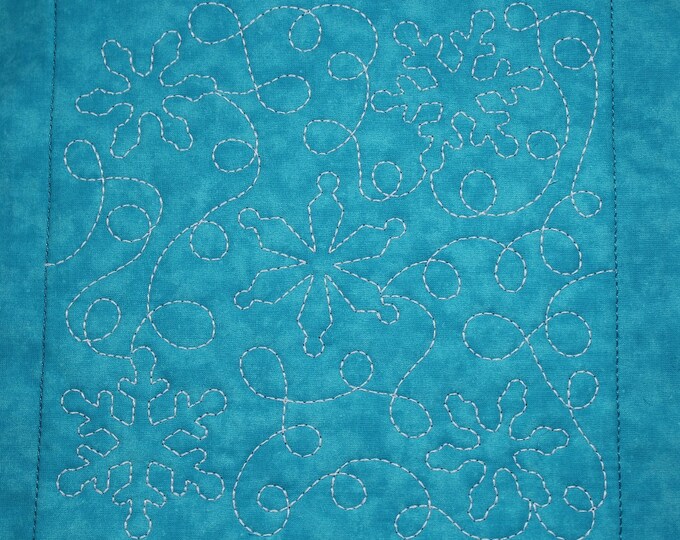 Turquoise Christmas Winter Snowflake Free Motion Embroidered Quilt Block Complete w/Batting Ready To Add To Your Sewing or Quilting Project!