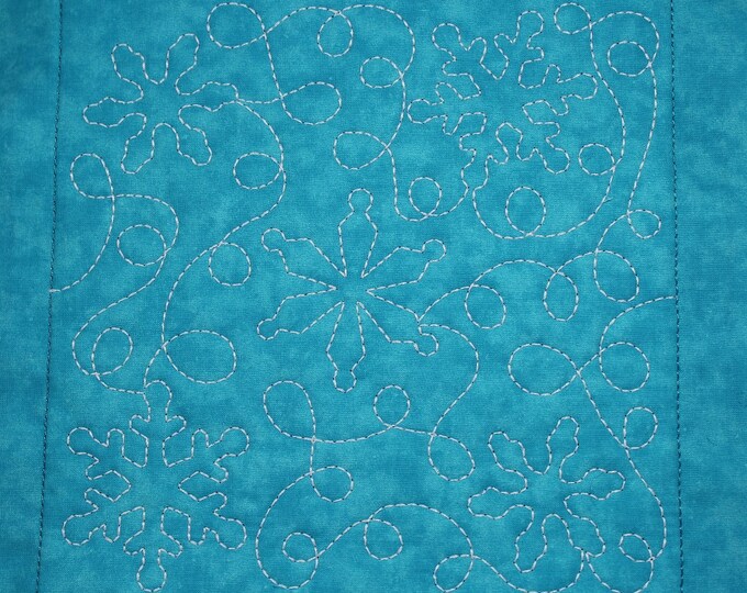 Turquoise Christmas Winter Snowflake Free Motion Embroidered Quilt Block Complete w/Batting Ready To Add To Your Sewing or Quilting Project!