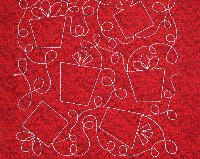 Red Christmas Presents Packages Free Motion Embroidered Quilt Block Complete With Batting, Ready To Add To Your Sewing or Quilting Project!