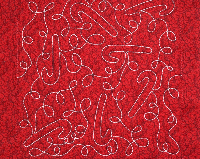 Red Christmas Candy Cane Free Motion Embroidered Quilt Block Complete With Batting, Ready To Add To Your Sewing or Quilting Project!