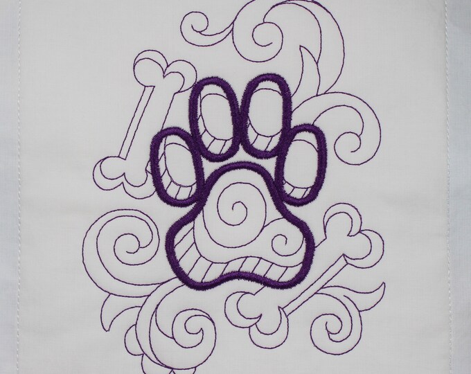 Cute Purple Dog Cat Paw with Bones Machine Embroidered Quilt Block Complete w/Batting Ready To Add To Your Sewing or Quilting Project!