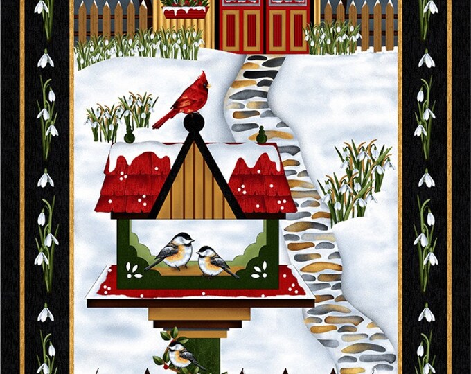 Frozen in Time Winter Fabric Panel on Black by Henry Glass Jan Mott 24" Birds Birdhouse House Home