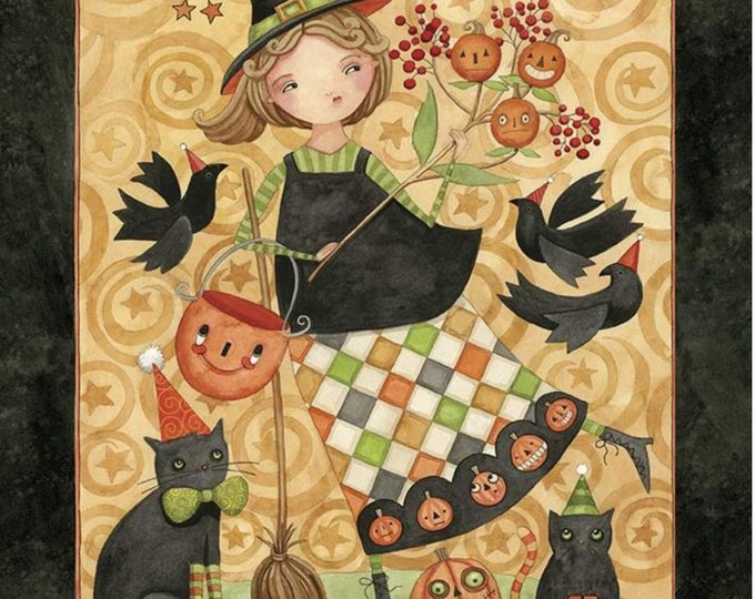Halloween Whimsy Fabric Panel by Teresa Kogut for Riley Blake 36" x 43" Black Cats, Witch, Jack-O-Lanterns, Crows