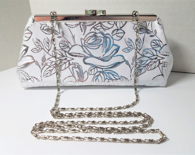 Silver Metallic Jacquard Fabric Metallic Floral Flowers Framed Clutch Purse Hand Bag Handmade Bridal Prom Bridesmaid Gift