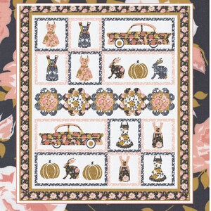 May include: A quilt pattern featuring a vintage car, pumpkins, bunnies, and dresses. The quilt is made in a patchwork style with floral fabric in shades of pink, gold, and black. The title of the pattern is "Market Day" by Coach House Designs.