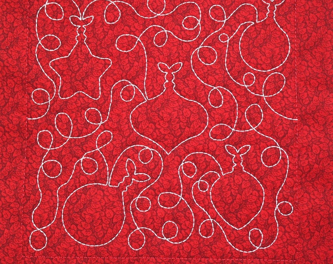 Red Christmas Ornaments Free Motion Embroidered Quilt Block Complete With Batting, Ready To Add To Your Sewing or Quilting Project!