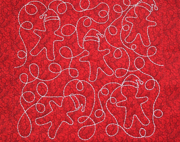 Red Christmas Gingerbread Man Free Motion Embroidered Quilt Block Complete With Batting, Ready To Add To Your Sewing or Quilting Project!