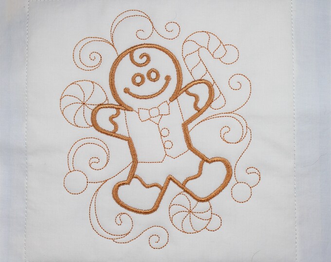 Gingerbread Man Christmas Winter Machine Embroidered Quilt Block Complete w/Batting Ready To Add To Your Sewing or Quilting Project!