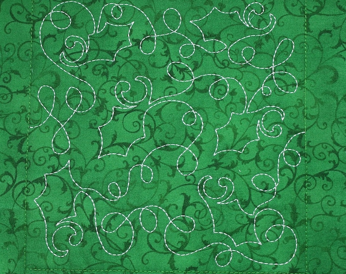 Green Holly Leaves Christmas Free Motion Embroidered Quilt Block Complete With Batting, Ready To Add To Your Sewing or Quilting Project!