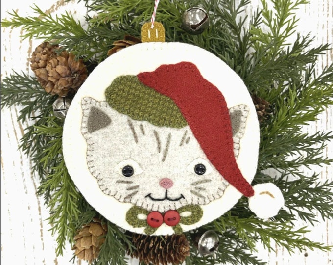 Santa Kitty Cat Bulb Ornament - for Christmas - Wool Applique Pattern by Buttermilk Basin