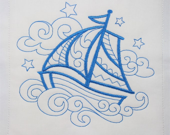 Blue Sailboat Machine Embroidered Quilt Block Complete w/Batting Ready To Add To Your Sewing or Quilting Project!