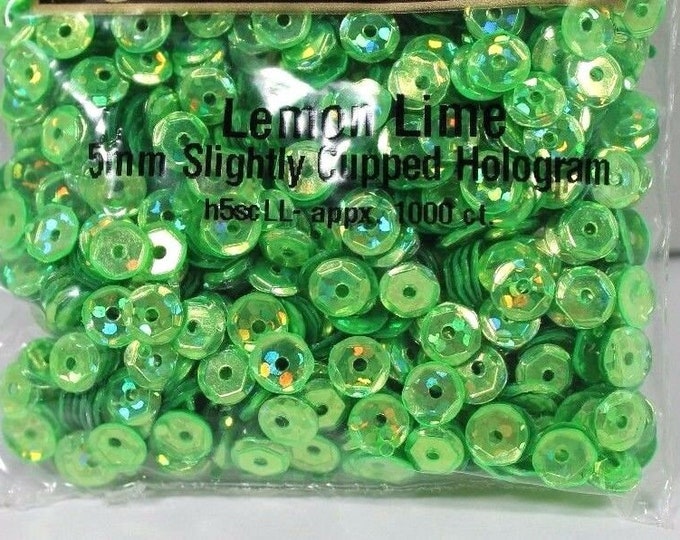 5mm Lemon Lime Green Hologram Round Faceted Cup Sequins Paillette Laser Metallic