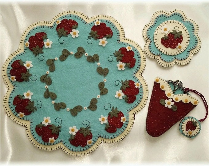 Strawberry Fields Candle Mat, Mini Mat, Scissor Keep & Scissor Fob Wool Applique Pattern by Penny Lane Primitives