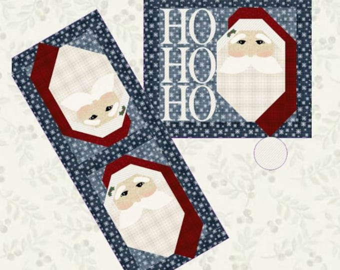 Santa Ho Ho Wall Hanging & Table Runner Quilt Sewing Pattern by The Prairie Grove Peddler, Christmas Size 22" x 24" and 14" x 36"