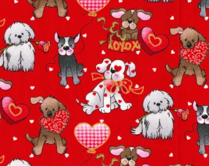 Valentine Love Pups on Red Quilting Fabric by Patti Reed, Dogs with Gold Metallic Accents, By The Yard, Rare!