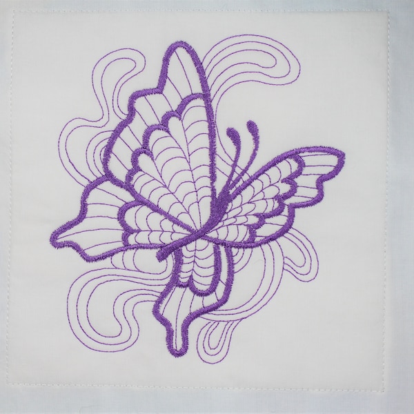Purple Butterfly Machine Embroidered Quilt Block Complete w/Batting Ready To Add To Your Sewing or Quilting Project!