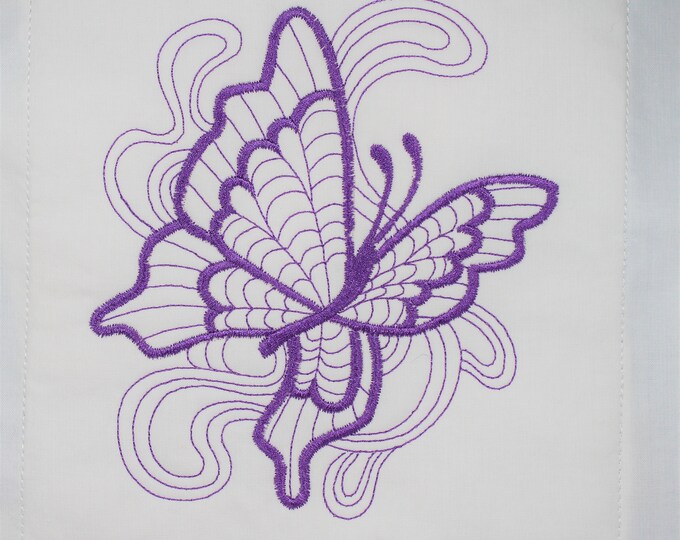 Purple Butterfly Machine Embroidered Quilt Block Complete w/Batting Ready To Add To Your Sewing or Quilting Project!