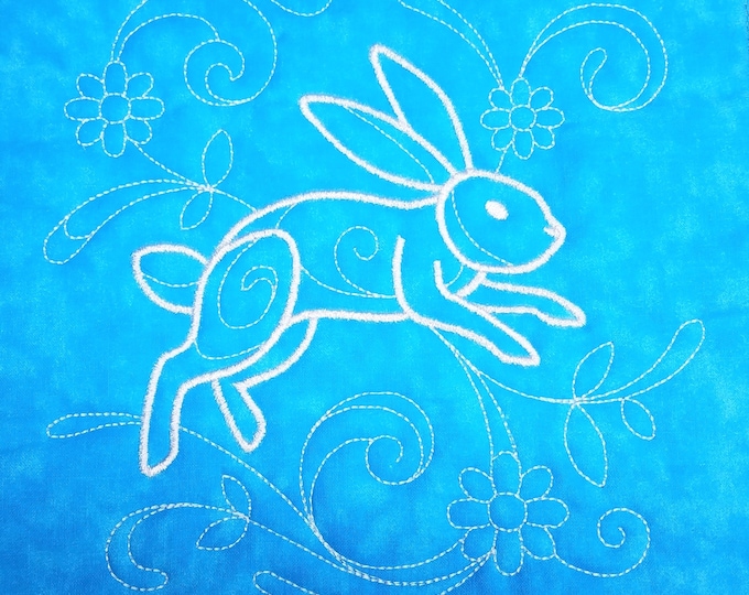 White Rabbit on Turquoise Machine Embroidered Quilt Block Complete w/Batting Ready To Add To Your Sewing or Quilting Project!