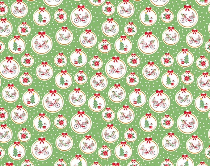 Christmas Adventure Ornaments Green Smoothie Sparkle Fabric by Beverly McCullough for Riley Blake, SC10732, Bike, Tree w/Present