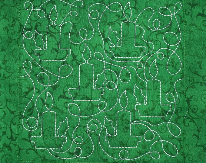 Green Christmas Candle Free Motion Embroidered Quilt Block Complete With Batting, Ready To Add To Your Sewing or Quilting Project!