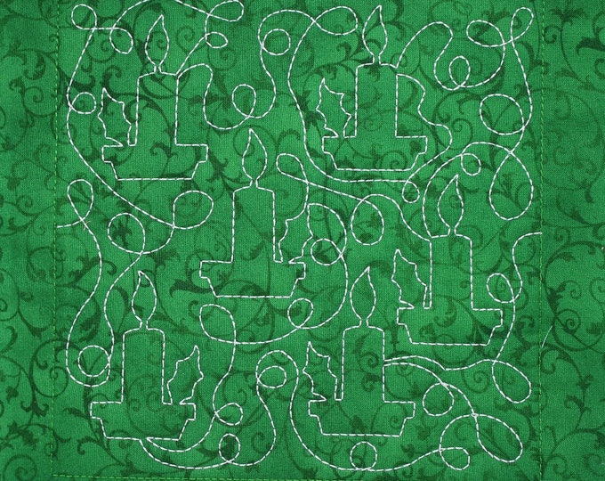 Green Christmas Candle Free Motion Embroidered Quilt Block Complete With Batting, Ready To Add To Your Sewing or Quilting Project!