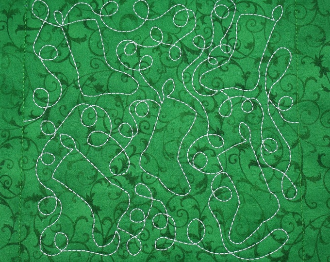 Green Christmas Stocking Free Motion Embroidered Quilt Block Complete With Batting, Ready To Add To Your Sewing or Quilting Project!