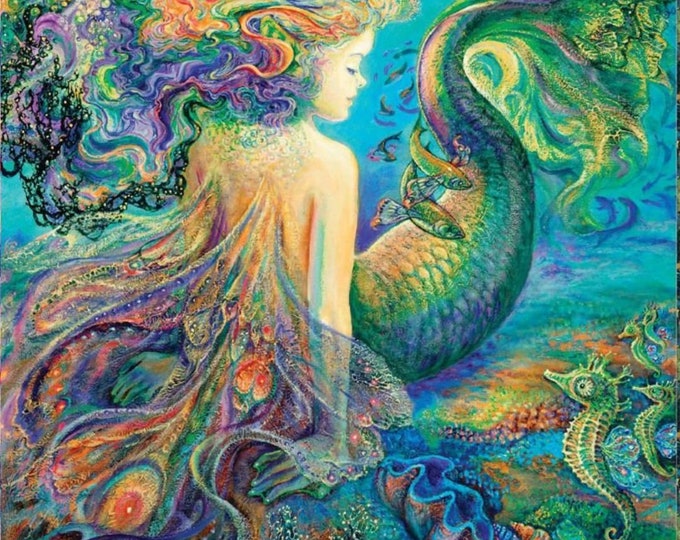 Call of the Sea Large Fabric Panel by Josephine Wall for Three Wishes Fabric 35" x 43" Seahorse, Mermaid, Rare!