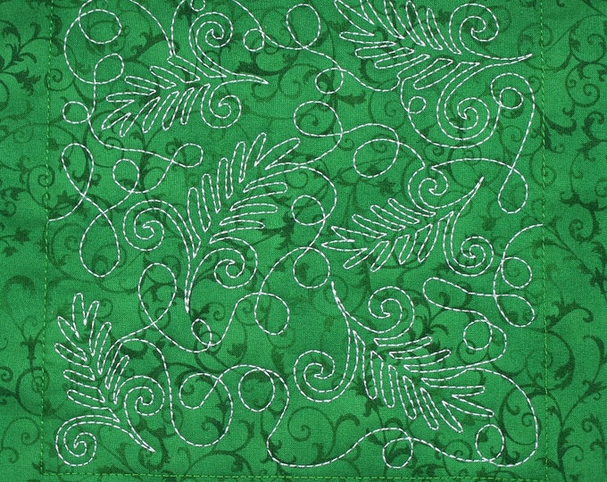 Green Pine Needles Christmas Free Motion Embroidered Quilt Block Complete With Batting, Ready To Add To Your Sewing or Quilting Project!