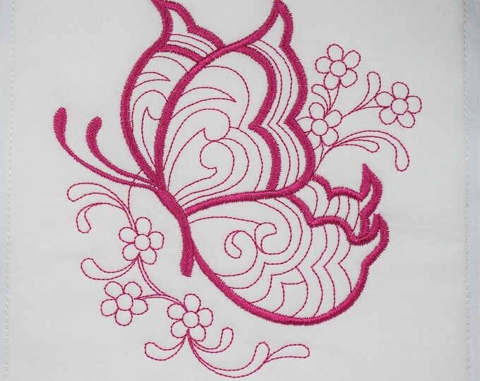 Hot Pink Butterfly Machine Embroidered Quilt Block Complete w/Batting Ready To Add To Your Sewing or Quilting Project!