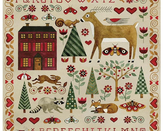 For the Love of Nature Fabric Panel on Ivory by Teresa Kogut for Riley Blake 36" Deer Fox Raccoon Rabbit Squirrel House Sampler Style